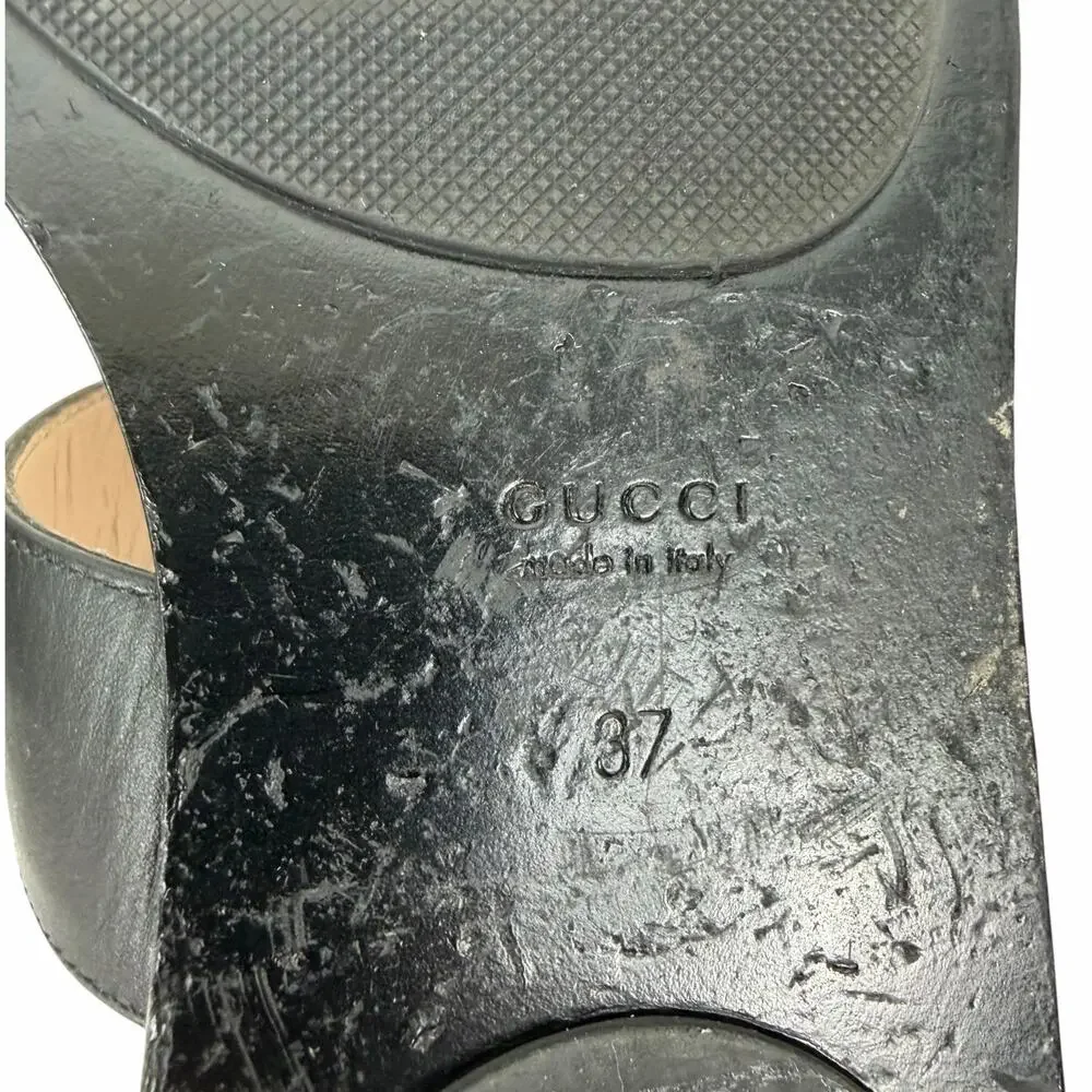 Gucci Black Leather Thong Sandal Gold Double G Logo Size 37